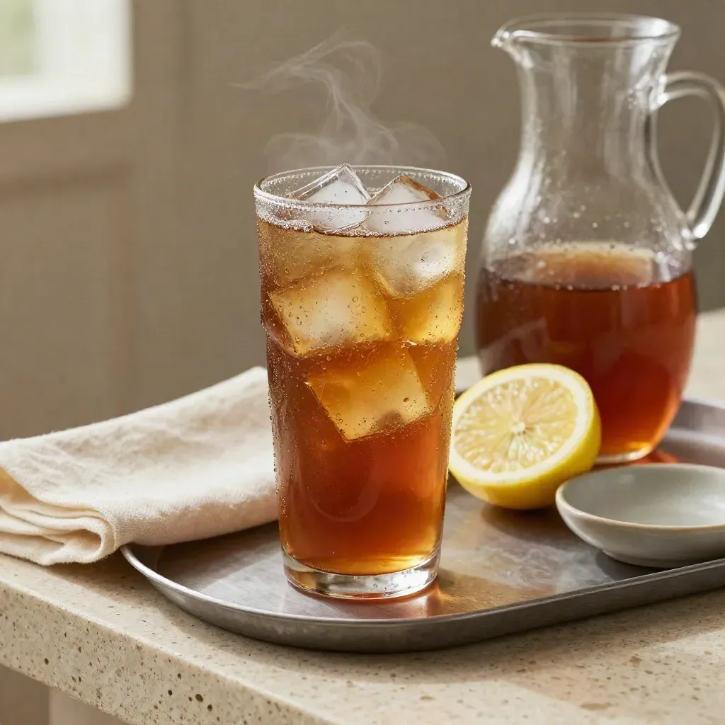 Segelas teh ais segar dengan ais jernih, kendi kaca dan hirisan lemon di atas batu travertin.