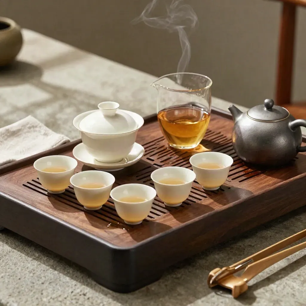 Baki gongfu teh dengan gaiwan, cawan kecil, kendi penyama dan bekas teh di atas dulang kayu.