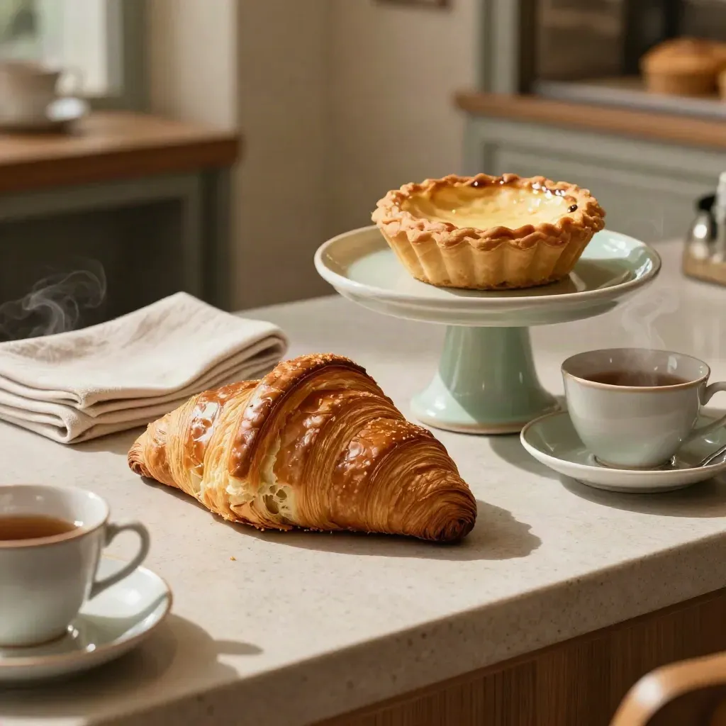 Pastri segar di kaki kek dengan croissant, tart dan cawan teh di sudut ruang teh.