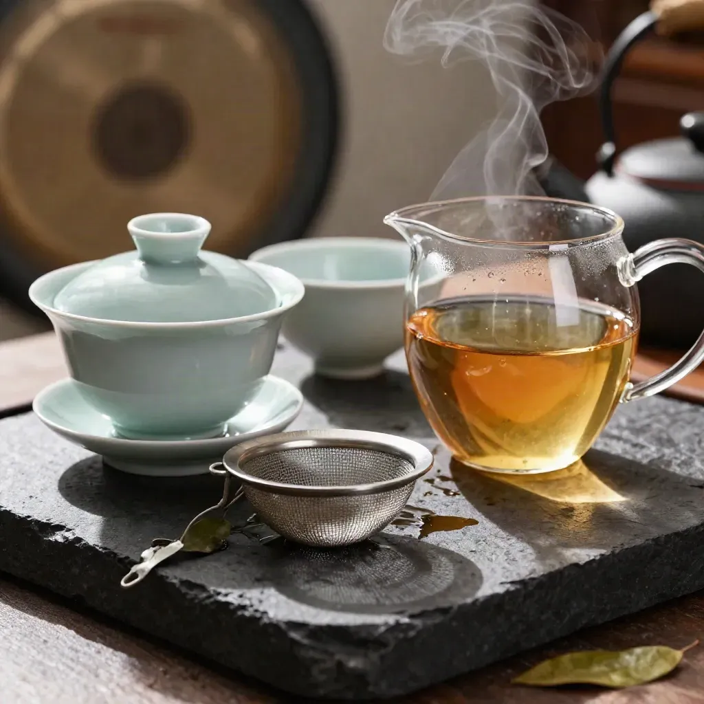 Set teh gongfu dengan gaiwan, kendi fairness, penapis dan cerek di atas batu berwap.